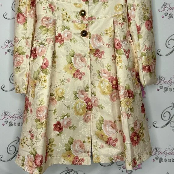 Floral coat pea coat long flowers peach orange pink light cream shiny shimmer - Picture 7 of 7